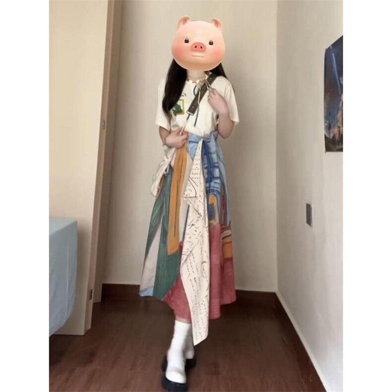 韩系复古梵高不规则半身裙子搭配短袖t恤2025复古文艺女两件套装图片