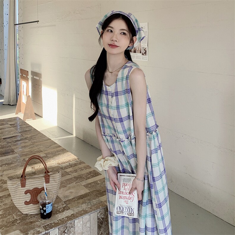 新款现货送头巾格子无袖背心裙长款2C122-2523-P135-K208,女装连衣裙,2C122