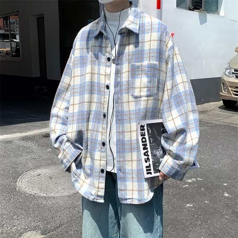 春秋港风复古休闲衬衣潮牌ins宽松格子衬衫男长袖外套 W5747-P35图片