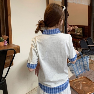 H0712-P43短袖t恤夏2026新款假两件卡通刺绣翻领上衣韩版女装图片