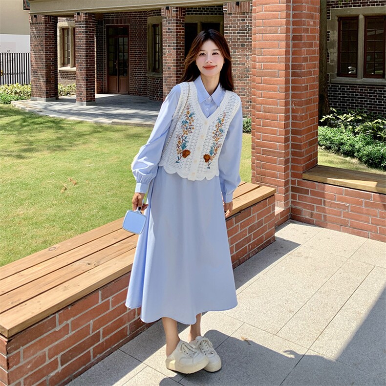 蓝色衬衫连衣裙女2025春秋新款韩系穿搭学院风针织马甲,女装连衣裙,浙宝276（原081）