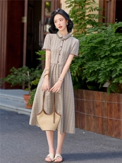 学院风格纹连衣裙女春夏收腰显瘦中长裙格子裙子，女装连衣裙，水衣源