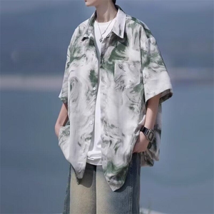 扎染短袖花衬衫男生夏季薄款冰丝大码设计感度假海边沙滩衬衣外套图片