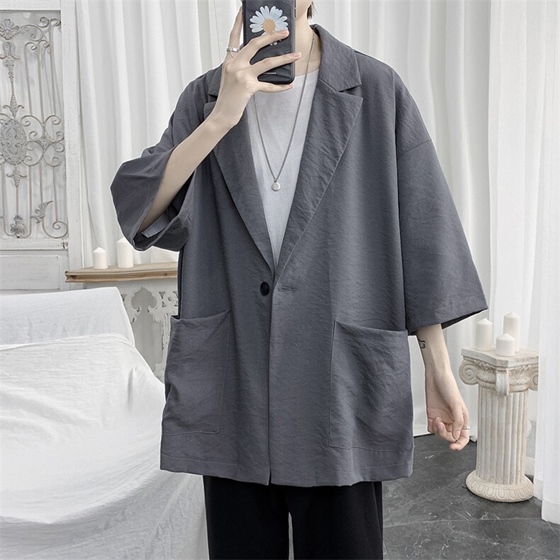港风夏季新款潮流男士七分袖西服浅蓝西装薄款X110P45,男装西服,电商A177