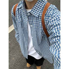 夏日韩版格子蓝色衬衫宽松衬衣宽松显瘦防晒开衫垂感外套C2266，男装防晒衣，星座1116A（原606A-3）
