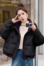 时尚撞色休闲连帽短款羽绒服女冬新款宽松加厚保暖白鸭绒外套，女装羽绒服，韩蔻秀