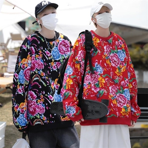 B203常规圆领大花大码卫衣外套男春装休闲黑红色套头衫潮团队服潮图片