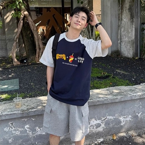 抖音得物高品质二开240克宽松纯棉美式潮牌插肩袖拼接短袖T恤图片