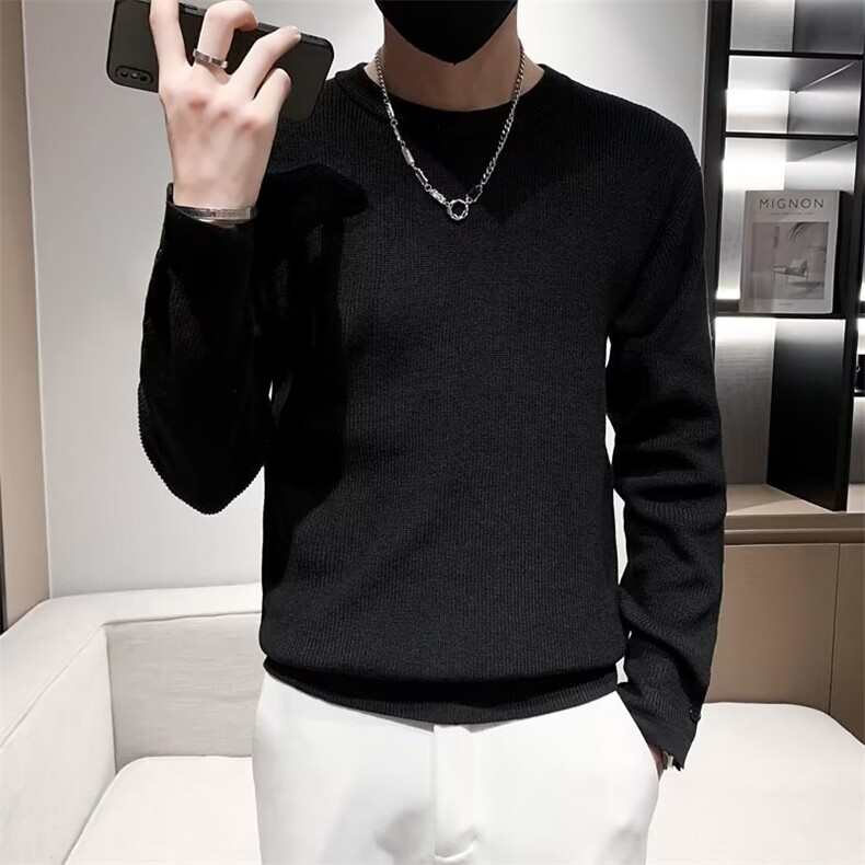 新品秋冬季毛衣男针织衫男宽松圆领潮黑色拼接袖口纽扣毛衣S526,男装针织衫/毛衣,星座1116A-2（原606A-1）
