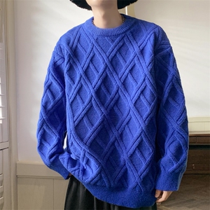 加厚圆领套头男毛衣菱格提花慵懒风针织衫潮流打底衫M19-P55图片