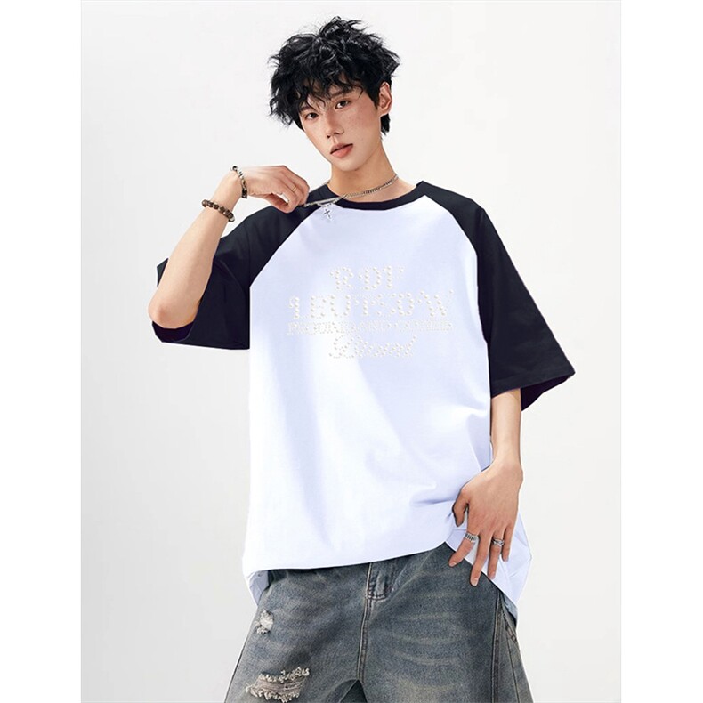 抖音得物高品质二开240克宽松纯棉美式潮牌插肩袖拼接短袖T恤，男装T恤，电商A486
