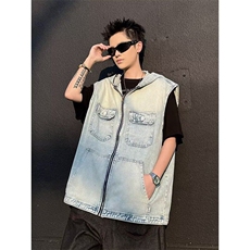 美式复古做旧连帽马甲潮流宽松休闲时尚设计感夹克，男装夹克，星座410-7