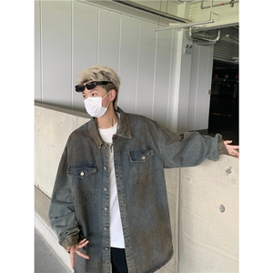 牛仔外套男秋季宽松潮流学生帅气宽松高街男装上衣百搭痞帅夹克男图片