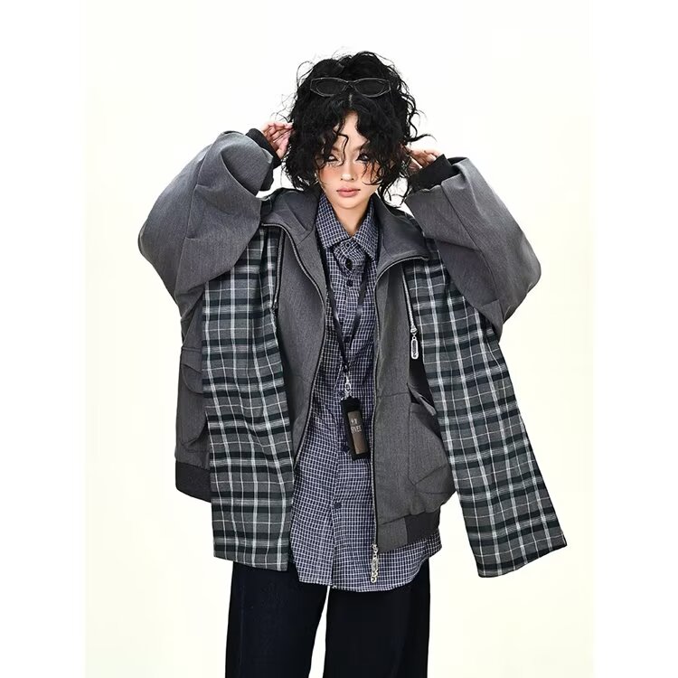 新款原宿简约百搭假两件格子拼接夹克慵懒日潮流时尚HHF550P100,男装夹克,星座1013-5