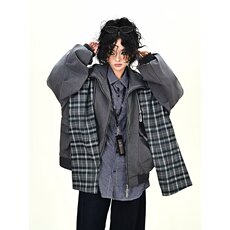 新款原宿简约百搭假两件格子拼接夹克慵懒日潮流时尚HHF550P100，男装夹克，星座1013-5