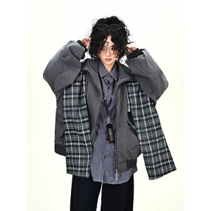 新款原宿简约百搭假两件格子拼接夹克慵懒日潮流时尚HHF550 P100图片