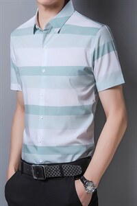 新品短袖衬衫男装夏季新款中年男士休闲条纹短袖商务休闲打底衬衣图片