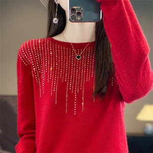 2024年秋季通勤新款百搭羊毛纯毛一线成衣新年红羊毛衫女图片