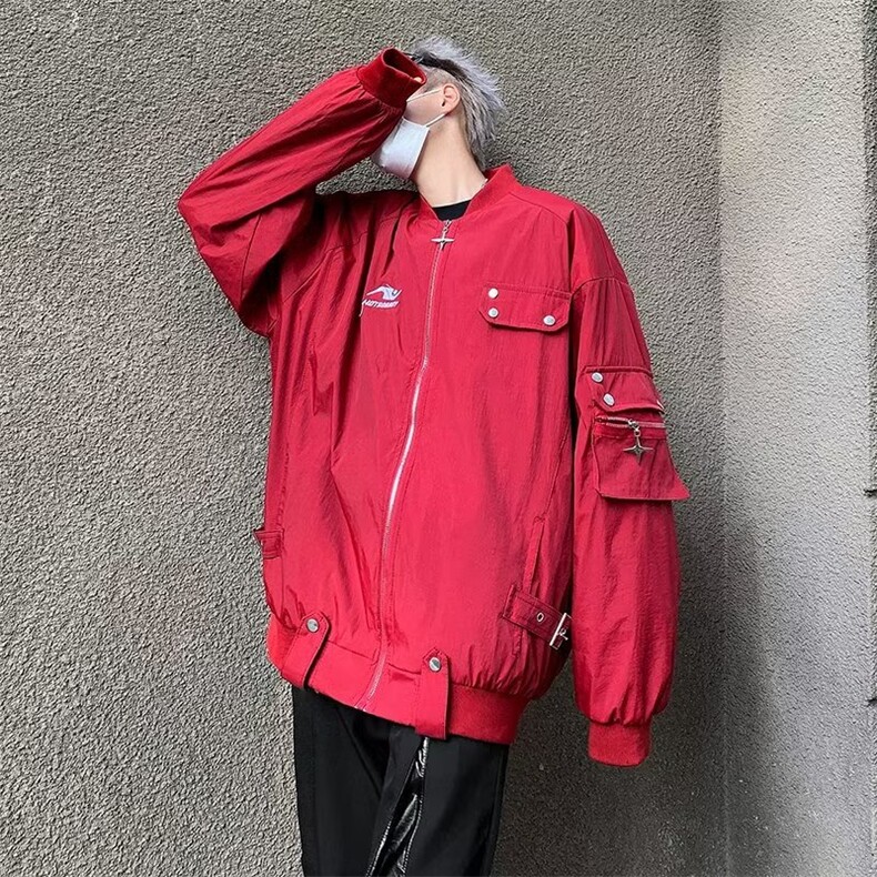 美式复古红色飞行员夹克男宽松潮牌工装情侣棒球服外套春秋季,男装夹克,星座716-2