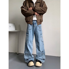 美式多口袋弯刀牛仔裤男女小众微喇工装裤高级感嘻哈风炸街阔腿裤，男装牛仔裤，星座410-6（原星座1304-1）