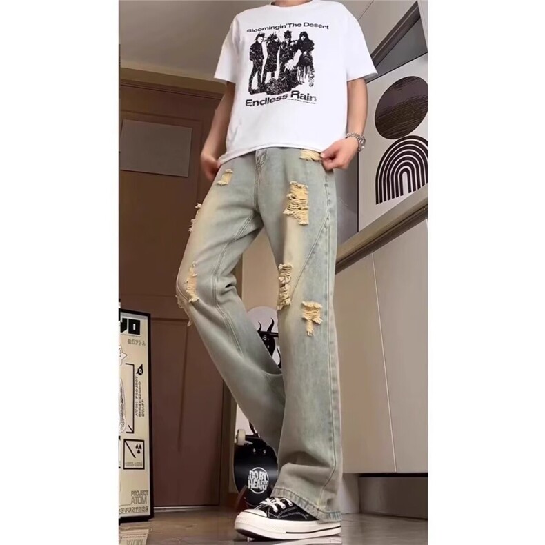 美式破洞牛仔裤男高街炸街痞帅宽松直筒裤潮513ACK2691P40,男装牛仔裤,星座513A