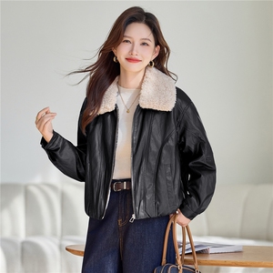 可拆卸毛领加绒加厚皮衣外套女2025秋冬新款小个子显瘦皮夹克上衣图片