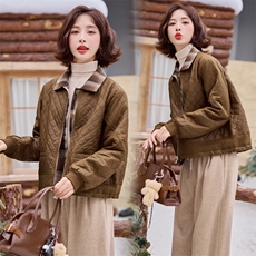 2024冬装新款假两件格子领夹棉短外套，女装棉衣/棉服，梦芯尔