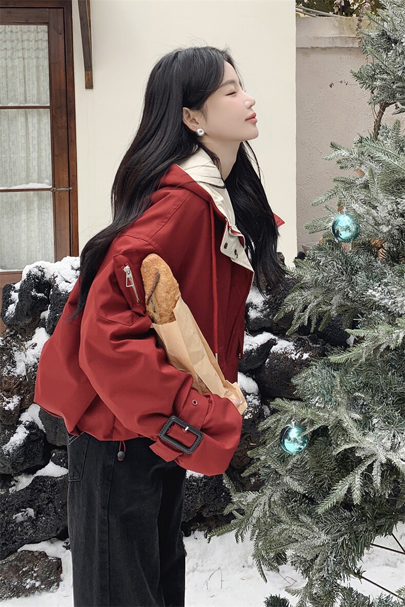 红色短款派克棉服女2025冬季新款韩系休闲小个子加绒加厚工装外套,女装棉衣/棉服,2C206