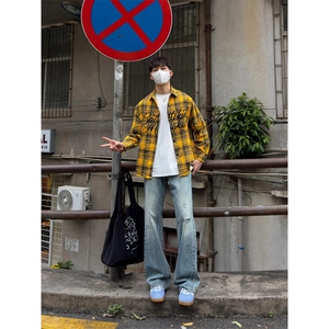 【有货】格子长袖衬衫男女同款字母设计感防晒外套K376CC-特P46图片