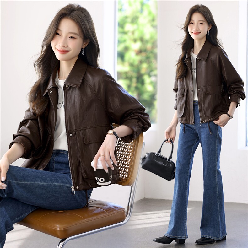 2025年秋季时尚翻领宽松型文艺减龄外套，女装皮衣，依恋蒂丝