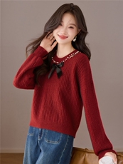 2025年秋季法式小香风气质针织衫女钉珠喇叭袖蝴蝶结新款本命年，女装羊毛衫，艾米