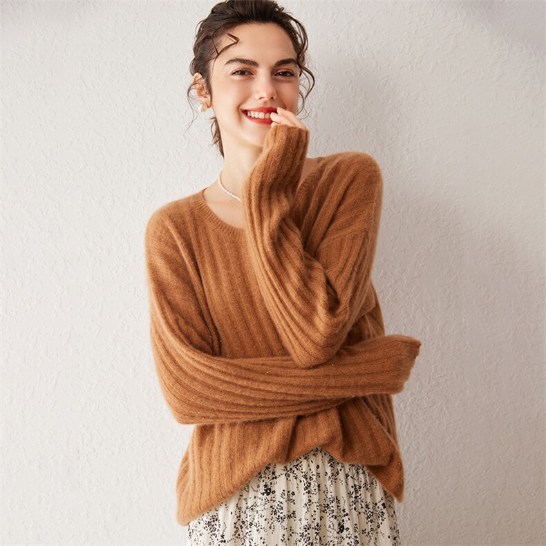 2025春秋新款羊绒衫女100纯山羊绒长袖百搭针织套衫宽松洋气内搭，女装羊绒衫，戎叶云台