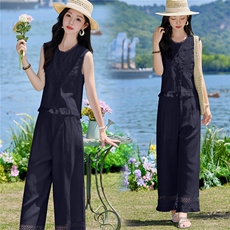 2026夏新款亚麻重工刺绣蕾丝花边拼接马甲阔腿裤套装，女装套装/套裙，瑶迪依秀