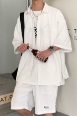 TZ65356/P55港风华夫格短袖套装男装大码衬衣衬衫短裤两件套控89，男装休闲套装，电商A141