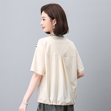 时尚条纹拼接短袖衬衫女宽松显瘦V领上衣夏季新款百搭休闲女装，女装衬衫，叶笙衣