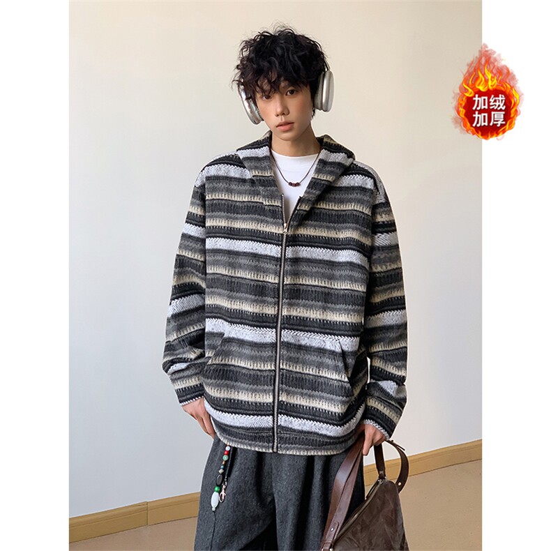 冬季加绒卫衣条纹长袖针织开衫复古潮牌外套5D1193-TP65118图片