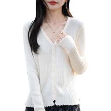 春秋精纺羊毛开衫女V领坑条木耳边针织长袖毛衣宽松休闲外套上衣，女装针织衫/毛衣，佳绒包芯纱店