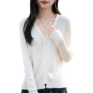 春秋精纺羊毛开衫女V领坑条木耳边针织长袖毛衣宽松休闲外套上衣图片