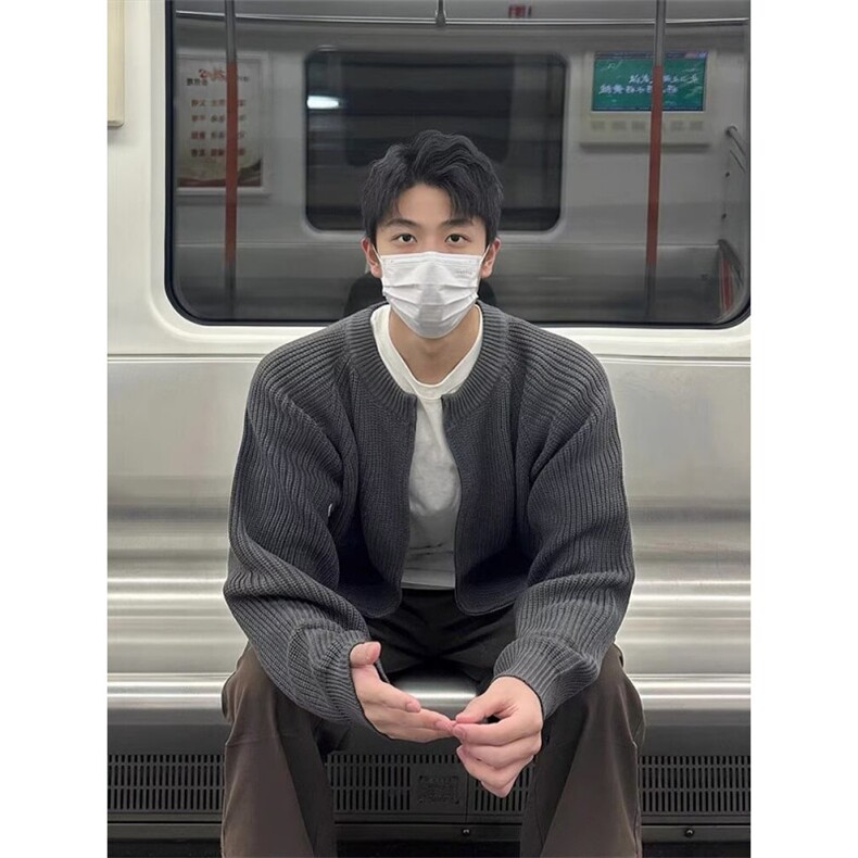 藏青色开衫毛衣男2025新款春秋季休闲潮常规长袖纯色立领青年气质图片