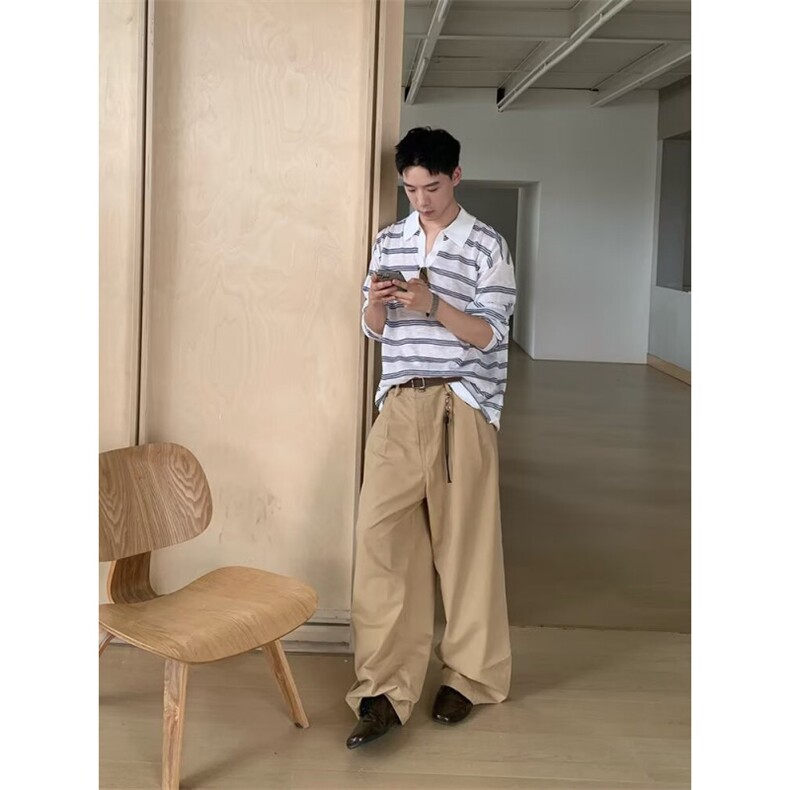 潮牌港风条纹长袖Polo衫男美式复古宽松休闲卫衣,男装Polo衫,四季星座505