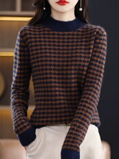 2025年秋季半高领千鸟格内搭洋气时尚百搭通勤简约，女装羊毛衫，兰叶羊绒