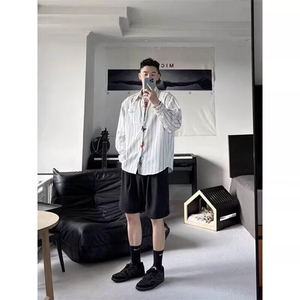 文艺感刺绣衬衫男女长袖春夏防晒休闲宽松外套美式复古竖条纹衬衣图片