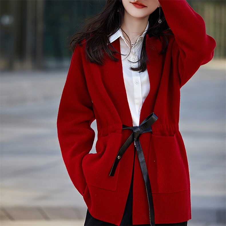 中长款100%纯羊毛开衫女圆领带兜腰带外套长袖毛衣宽松针织羊绒衫，女装羊毛衫，邦太羊绒