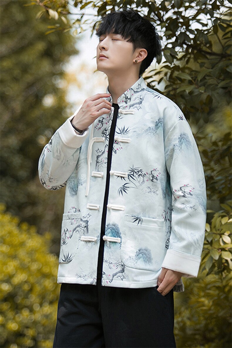 外景新中式风水墨竹子数码印花盘扣立领复古唐装外套JK97,男装民族服装,星座305A（原312A-1）