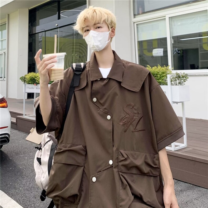 日系复古做旧水洗牛仔衬衫男女夏季新款古着情侣上衣短袖ins,男装衬衫,星座716-4