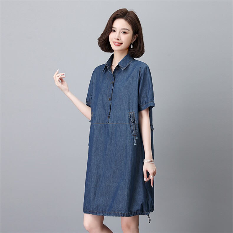 时尚牛仔连衣裙女夏季新款宽松显瘦短袖衬衫裙气质百搭休闲裙装,女装连衣裙,叶笙衣