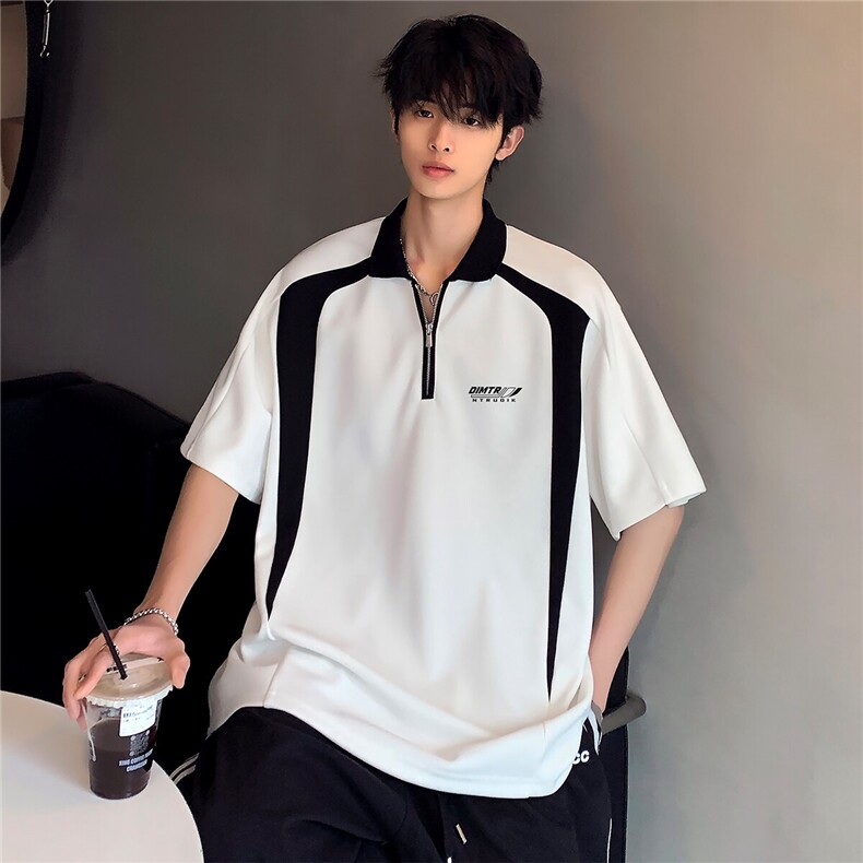 美式撞色cleanfit重磅插肩袖潮牌嘻哈半拉链T恤男夏季T241-P38,男装Polo衫,电商C307