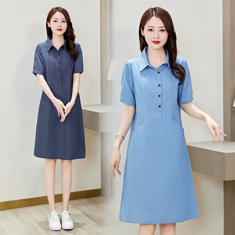 波点点牛仔连衣裙女2024夏季新款宽松直筒广州十三行中长款薄裙子，女装连衣裙，罗得堡