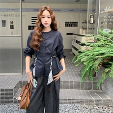 复古气质丝带收腰上衣两件套2025新款秋季日系宽松条纹阔腿裤套装，女装套装/套裙，2C050