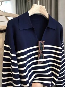 春秋新款polo领羊毛针织衫女宽松气质法式条纹毛衣V领学院小香风图片